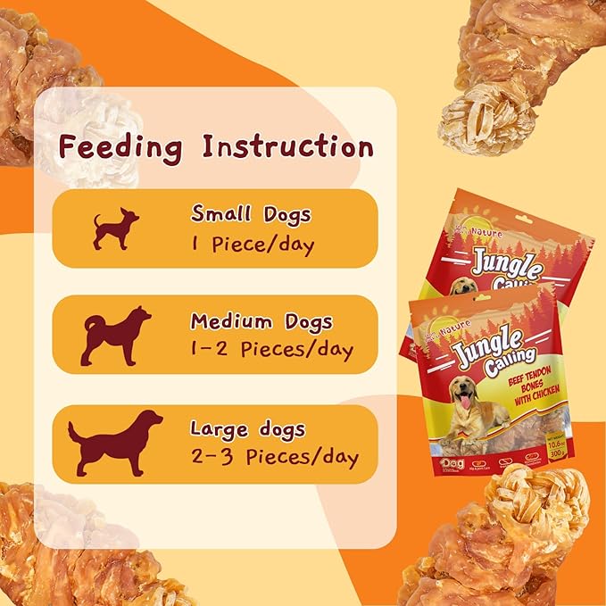 Jungle Calling Beef Tendons for Dogs, Chicken Wrapped Tendons Dog Chews Long Lasting Hip and Joint Supplement for Dogs with Glucosamine (Knotted Bone) (Pack of 2)