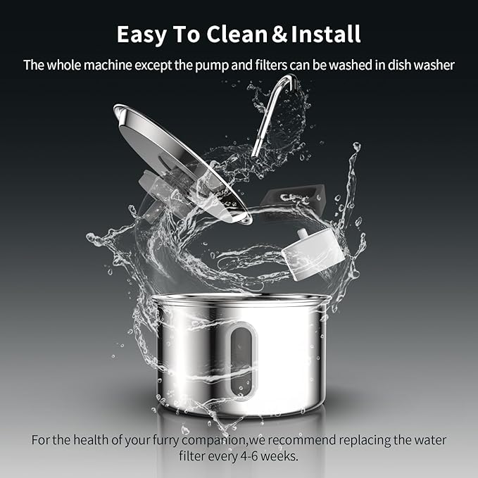 Cat Water Fountain Stainless Steel,3 L/ 101 oz Pet Water Fountain with 5-Stage Circulating Filtration System,Cat Fountain with Quiet Pump for Cats, Dogs (4 Filters + 4 Sponges)