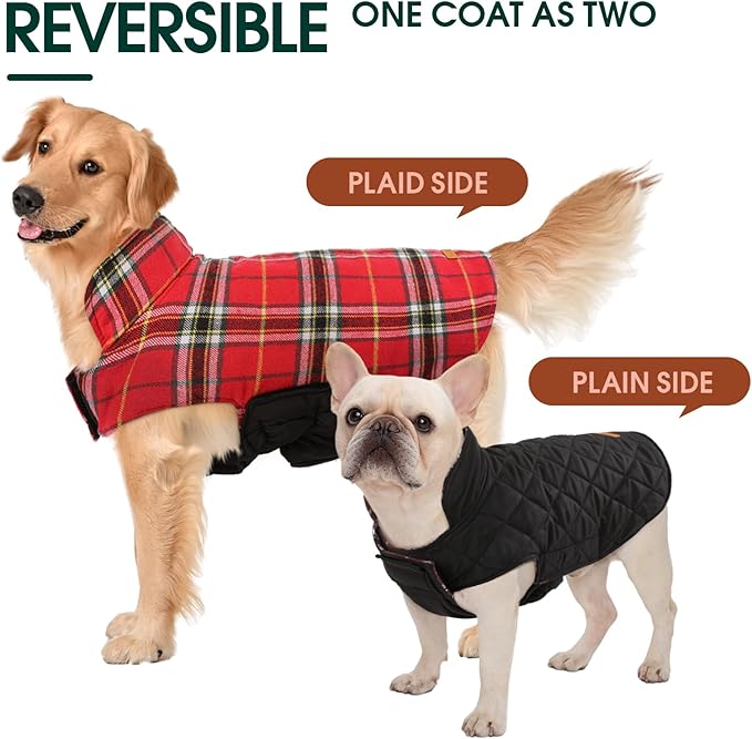 Kuoser Waterproof Dog Coat, Reversible Dog Jacket for Small Dogs, Adjustable Durable Doggie Winter Coat Warm Cozy Puppy Cold Weather Apparel from Small to Large Breed, Bright Red S