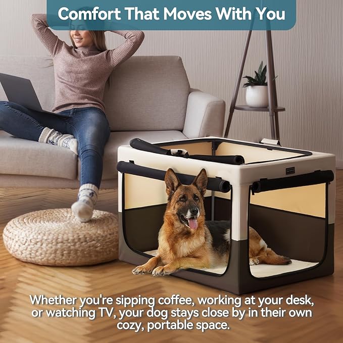 PETSFIT Portable Dog Crate for Medium Dogs, – 30" Soft Dog Travel Crates with Lockable Zippers & Thicken Mat, Adjustable Patented Spiral Steel Frame, Collapsible Kennel for Indoor & Outdoor