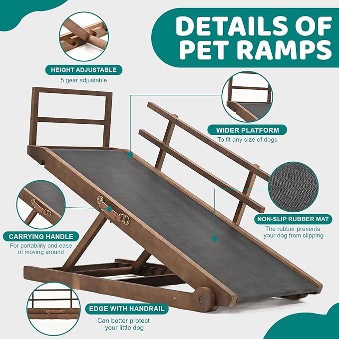 Dog Ramp for Bed, Adjustable Pet Ramps for Dog to Get on Bed, Non-Slip Rubber Surface - Folding Wooden Dog Ramp for Small/Large/Old Dogs, Adjustable up to 27.5 inch High Beds, Safety Railings