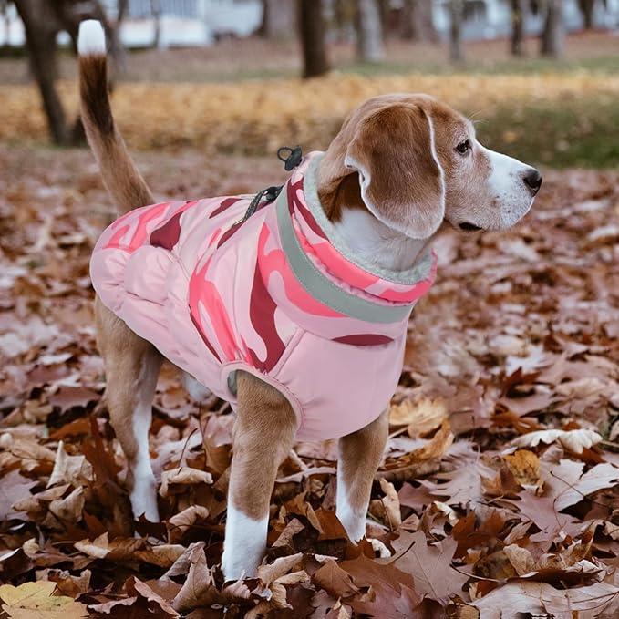 Lelepet Warm Dog Winter Coat Dog Coats for Medium Dogs Waterproof Dogs Jacket with Harness Built in Reflective Cold Weather Coats Windproof Zip-Up Winter Fleece Vest Snowsuit Dachshund Pink Camo