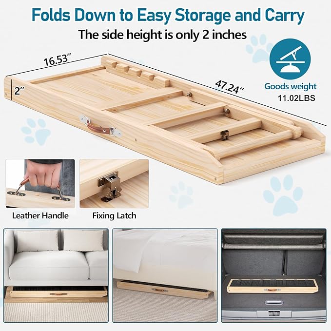 Tresbro Dog Ramp for Bed, 4 Level Adjustable 14.56'' to 24'' Dog Ramps with Anti-Slip Carpet & Carrying Handle, Portable Dog Ramp Supports up to 120LBS for Small Medium Large Dogs to Get on Bed, Couch