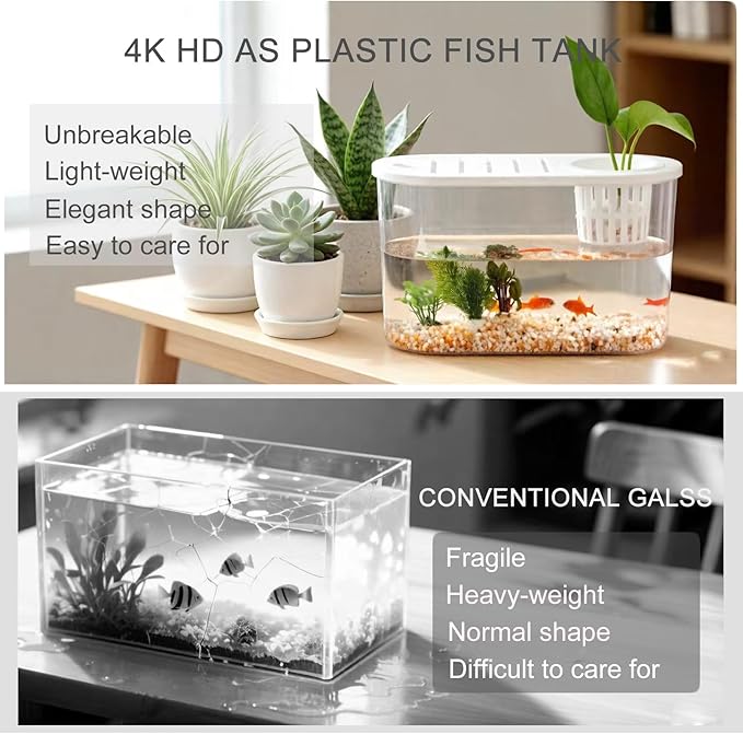 1 Gallon Betta Fish Tank Unbreakable Plastic Aquarium Oblate Fish Bowls with Plant Basket & Lid for Desktop Decoration