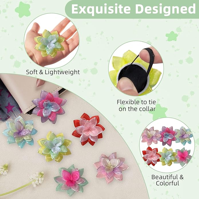 Dog Collar Flowers Accessories, 6 Pack Flower Charms for Dog & Cat Collars, Elastic Slide-On Decorative Flowers for Pet Collars