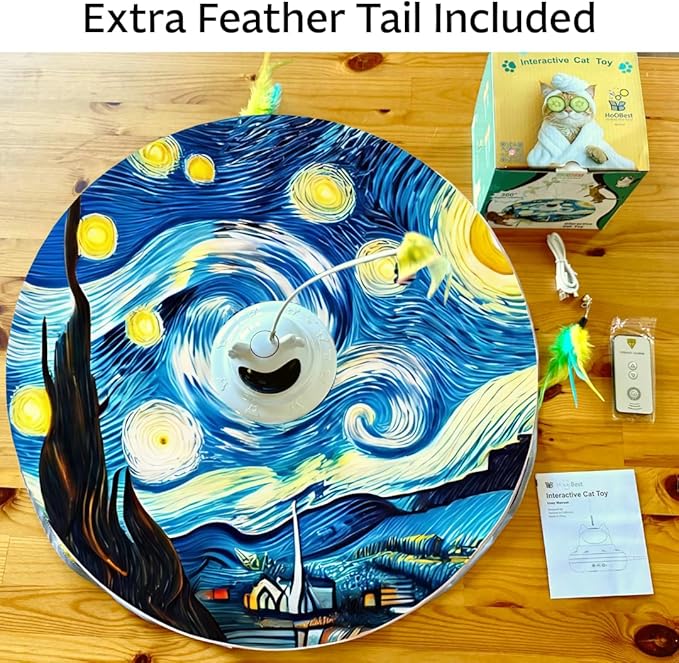 Interactive Automatic Rechargeable Cat Toy – Touch Sensor – Fluttering Butterfly, Feather Wand & Hide and Seek – 360° Random Rotation – Starry Night Design with Remote Control
