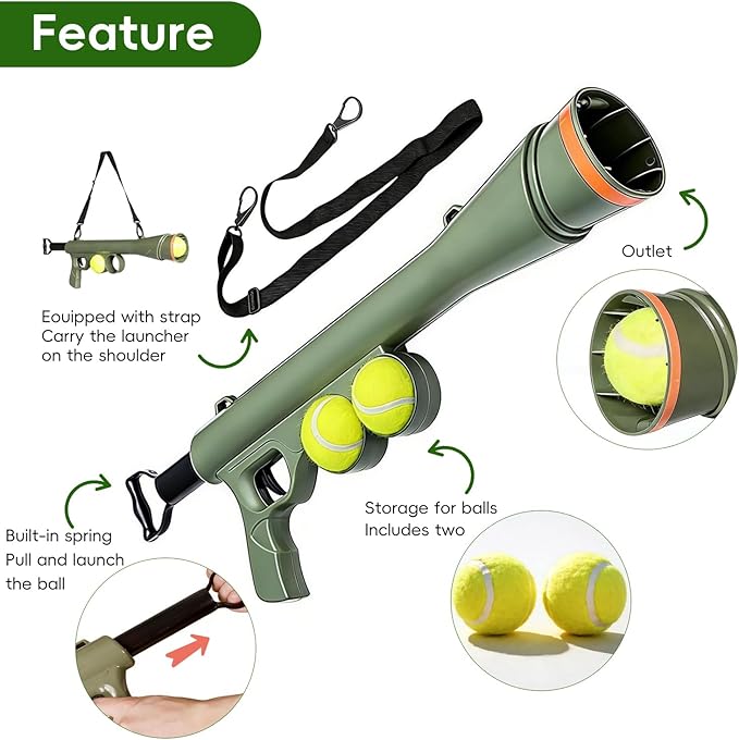 Dog Tennis Ball Blaster Dog Toy Ball Thrower Launcher with 2 Balls (Green)