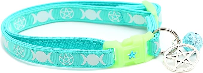 Wicca Cat Collar with Occult Charm & Bell | Witch’s Familiar Cat Collar | Witch Kitten Collar Charms | Glow in The Dark | Safety Breakaway Collar (Large(10lbs & Up), Aqua)
