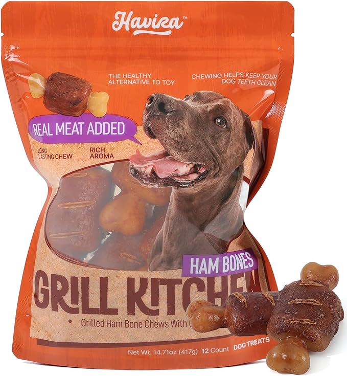 Havira BBQ Dog Treats Ham Bone 12 Count, Grill-Shaped Rawhide Free Dog Chews Bone, Easily Digestible, for All Life Stages