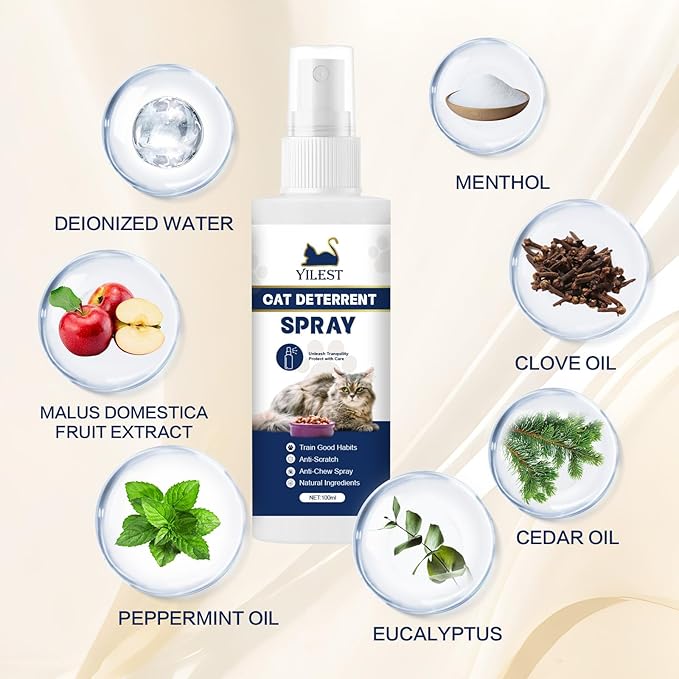 Cat Deterrent Spray - Indoor & Outdoor Anti-Scratch Cat Repellent for Furniture, Sofas, Rugs, Curtains, and Plants, Alcohol-Free & Non-Toxic Formula Repellent