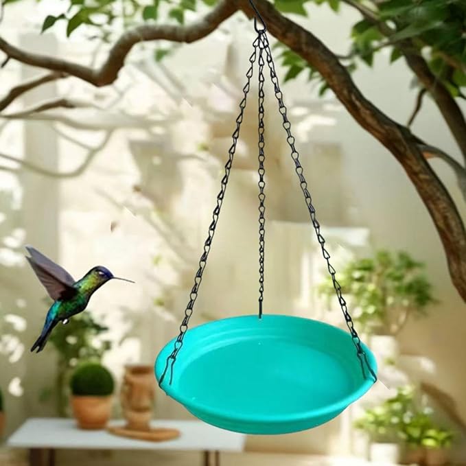 Hanging Bird Feeder and Waterer Tray Water Feeding Bowl Garden Decor with Chains Sturdy Birds Water Station for Backyard Yard, Green