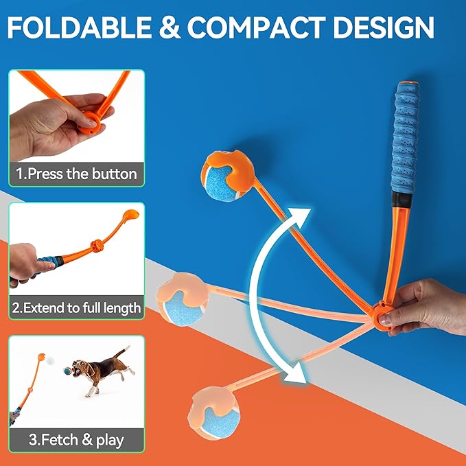 ALL FOR PAWS 25“ Dog Ball Thrower, Upgraded Foldable Tennis Ball Fetch Thrower for Dogs, Dog Ball Launcher Toy for Medium & Large Dog, Soft and Comfortable Tennis Fetch Handle, 2.5 Inch Ball Included