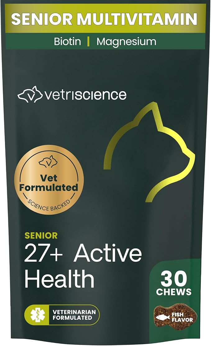 VetriScience Senior 27+ Active Health Chews, Nu Cat Daily Multivitamin for Senior Cats, Balanced Vitamins, Minerals and Antioxidants, Healthy Aging and Wellness Support, Fish, 30 Count