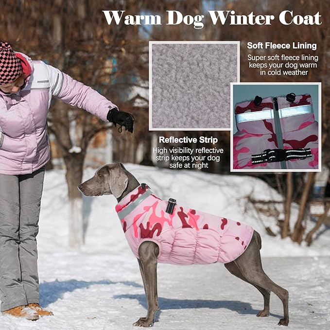 Lelepet Warm Dog Winter Coat Dog Coats for Medium Dogs Waterproof Dogs Jacket with Harness Built in Reflective Cold Weather Coats Windproof Zip-Up Winter Fleece Vest Snowsuit Dachshund Pink Camo