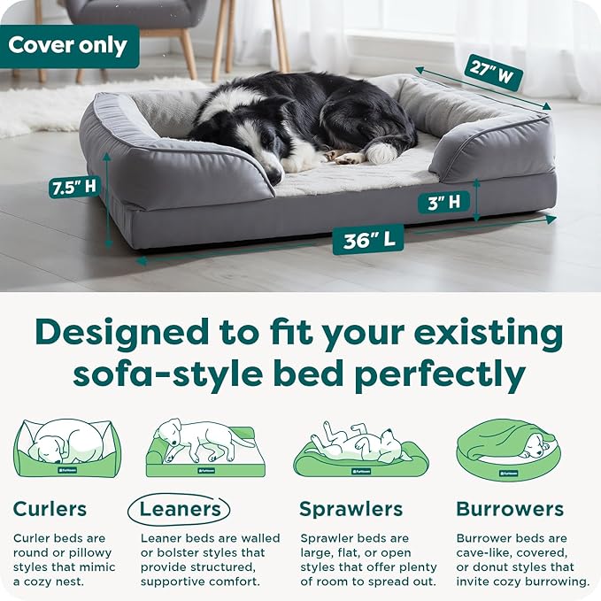 FurHaven Dog Bed Cover Replacement, Sofa-Style Design with Soft, Breathable Fabric for Cozy Comfort, Machine Washable, Large, Plush & Velvet, Granite Gray
