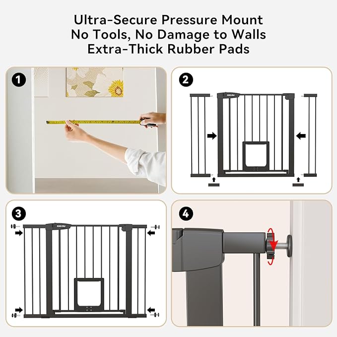 30 Inch Tall Dog Gate with Cat Door, Adjustable Width (29.7-57 Inches) for Doorways, Hallways & Stairs, Pressure-Mounted Walk-Through Dog Gate with Auto-Close & Double Lock Safety（Black）