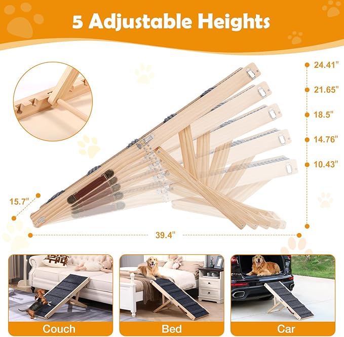 39" Long Dog Ramp for Bed, Couch & Car - 5 Level Adjustable Height (10.4" to 24.4"), Foldable Portable Wooden Pet Ramp with Non-Slip Surface, for Small & Old Dogs Up to 70 LBS