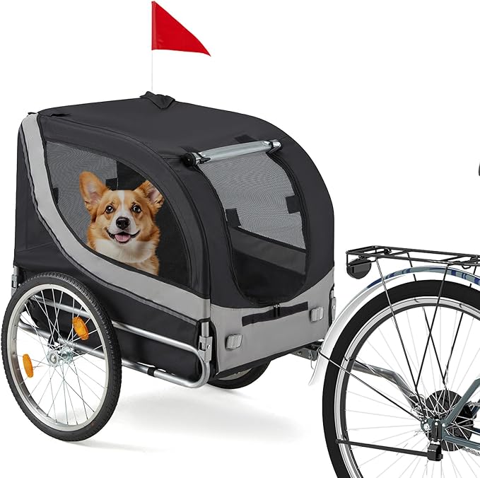 Foldable Pet Bike Trailer for Dogs up to 88 lbs – Universal Hitch Bicycle Carrier with Shock‑Absorbing Tires, Mesh Ventilation & Quick‑Release Wheels (55″/57″)