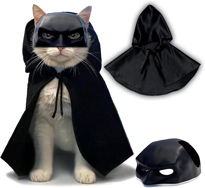 Black Bat Cat Mask and Cloak Costume for Indoor Cats, Funny Superhero Pet Outfit for Christmas, Cosplay, Parties and Photoshoots, Hooded Cape for Cats – Big Size