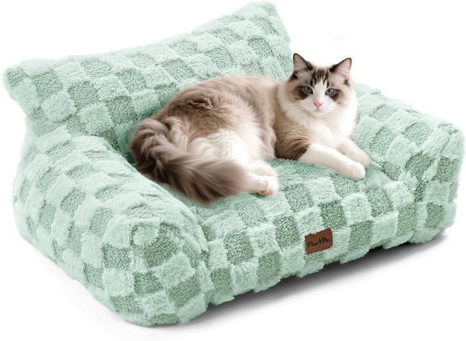 Made4Pets Cat Beds for Indoor Cats, Cat Couch Bed, Soft Faux Fur Checkered Pet Sofa, Calming Fluffy Kitten Sofa with Supportive Foam, Removable Washable Cover with Non-Slip Base, Sage Green, Small