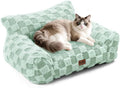 Made4Pets Cat Beds for Indoor Cats, Cat Couch Bed, Soft Faux Fur Checkered Pet Sofa, Calming Fluffy Kitten Sofa with Supportive Foam, Removable Washable Cover with Non-Slip Base, Sage Green, Small