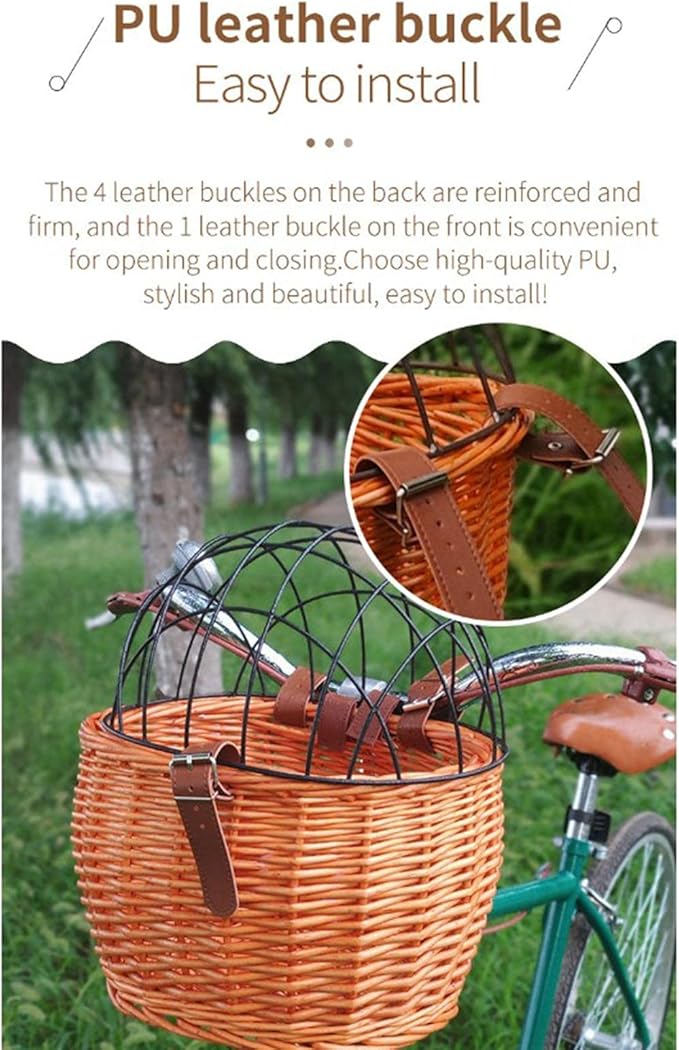 Wicker Bike Basket for Small Dogs Cats Pet Carrier Front Basket with Wire Mesh Cover (Honey Color)
