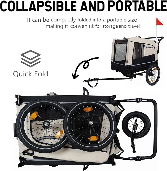 Extra Large 2-in-1 Bike Trailer & Push Cart for Pets - Detachable Bike Hitch & Push Handle Included - All-Terrain Wheels, Quick Release Wheel, Non-Slip Floor, Internal Leash, Holds Up to 88 lbs