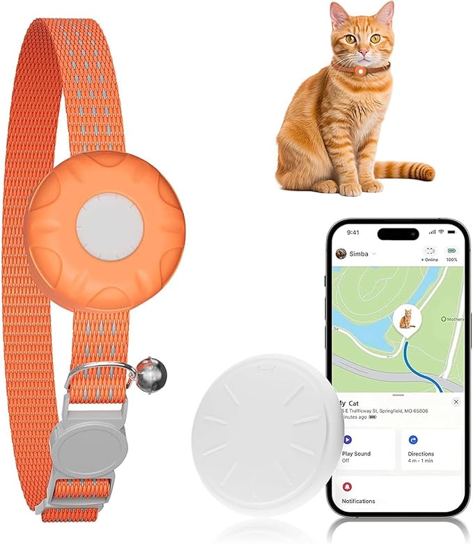 Cat GPS Tracker, Waterproof Pet Tracker for Cats, Compatible with Apple Find My App (Only iOS), Cat Tracker Collar with Safety Elastic Buckle, Works with Any Collar, No Monthly Fee,Orange