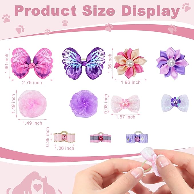 22 Pieces Cute Dog Hair Bows with Elastic Rubber Bands, Small Puppy Hair Accessories with Butterfly Flower Pearls Double Bow for Pets Dogs Cats Hair Grooming (Purple and Pink)