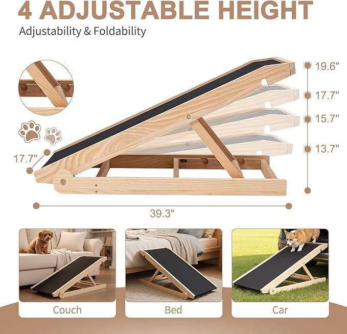 SLSY Dog Ramp for Bed, Couch & Car, Foldable Pet Ramp for Small Dogs and Cats, 4 Adjustable Heights 13.7''–19.6", Portable Stable Wooden Pet Steps with Non-Slip Pad for Sofa or Stairs(Natural)