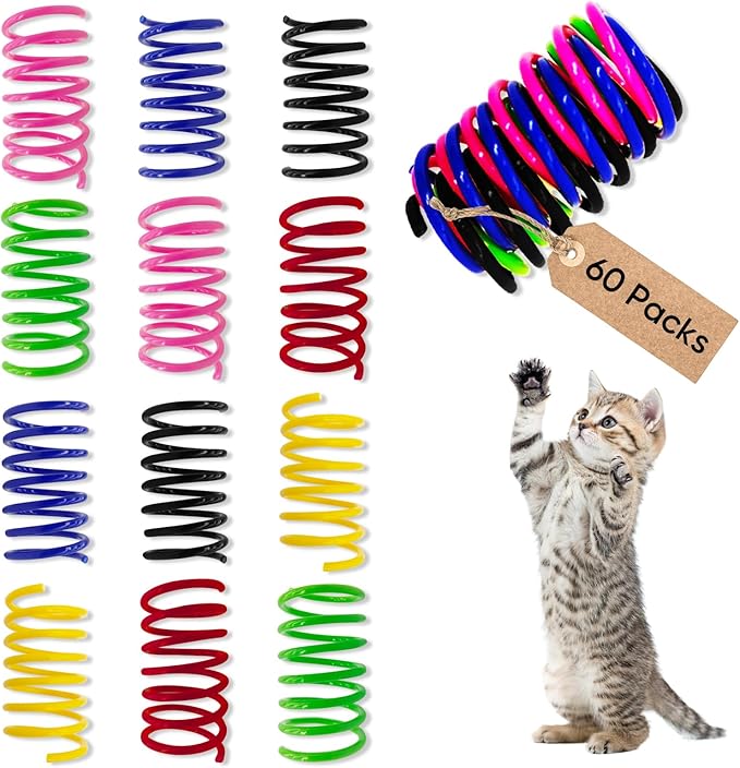 AGYM 6Colors Plastic Spring Cat Toys, 60 Pack Spiral Springs for Indoor Cats to Swat, Bite, Hunt, Interactive Toys for Cats and Kittens
