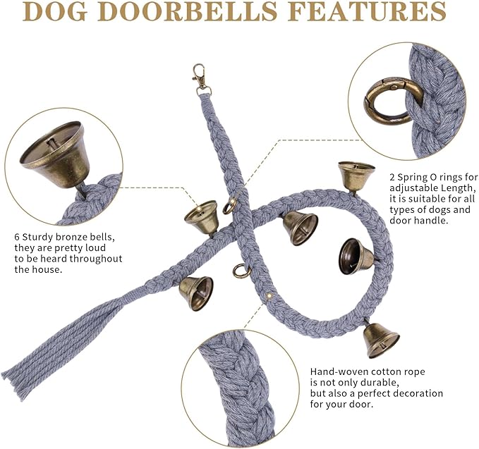 Dog Bell for Door Potty Training, Cotton Handwoven Dog Doorbell with 6 Extra Loud Bells for Dog Training, Adjustable Hanging Door Bell for Small Medium Large Dogs to Ring to Go Outside, Grey