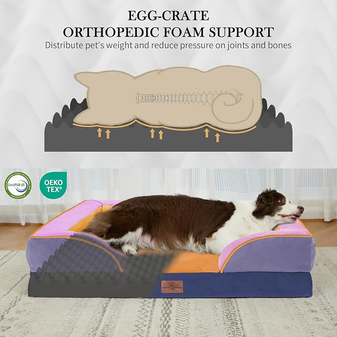Comfort Expression Orthopedic Dog Bed for Extra Large Dogs 45x35 Inch, Waterproof Egg Crate Foam XL Pet Bed with Removable Bolsters, Dog Couch with Washable Cover & Non-Slip Bottom, Orange Breeze