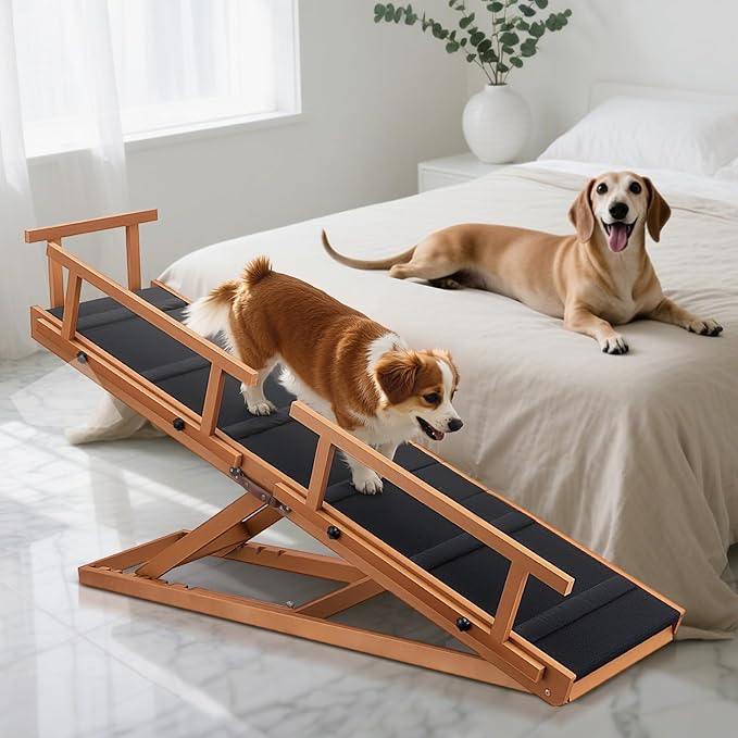 Dog Ramps for Beds, 64" Long Foldable Pet Ramps for Large Dogs, Portable Wooden Dog & Cat Ramps for Couch, Furniture-Grade Dog Step Adjustable Height W/Non Slip Mat & Safety Side Rails
