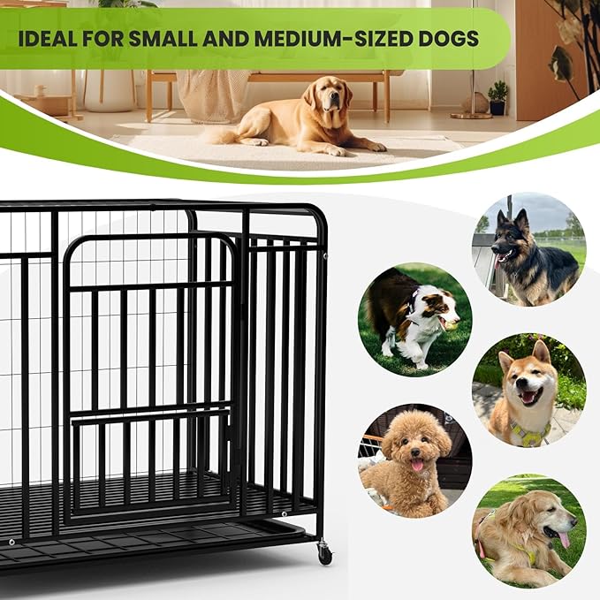 36.4×25×32.6 in Heavy Duty Dog Crate, Alloy Steel Material Dog Kennel, with 3 Doors 4 Lockable Wheels 1 Removable Trays, Dog Cage Kennel for Small to Medium Dogs (36 in)