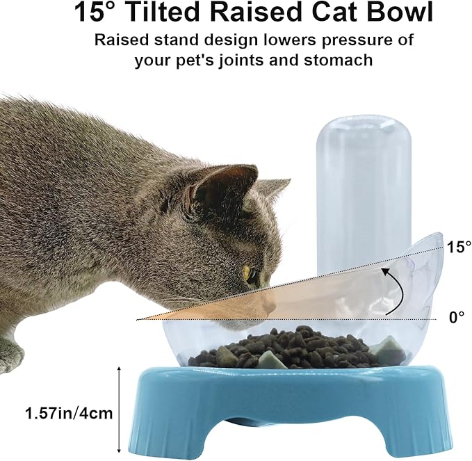 Sky Blue Triple Cat Bowls with 15 Tilt, 3-in-1 Automatic Water & Food Feeder, Whisker-Friendly Elevated Dishes for Small Cats & Puppies