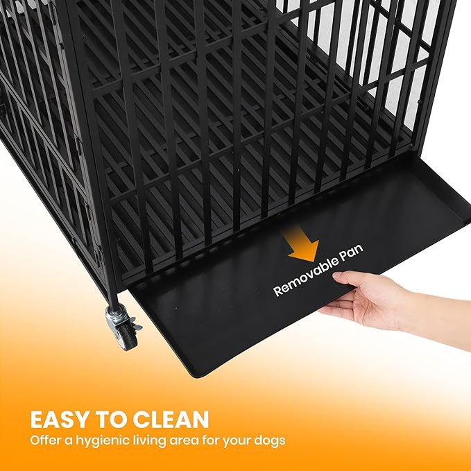 42 Inch Heavy Duty Dog Crate with Wheels, Escape Proof Metal Kennel with 3 Doors & Removable Tray for Large Medium Dogs, Black