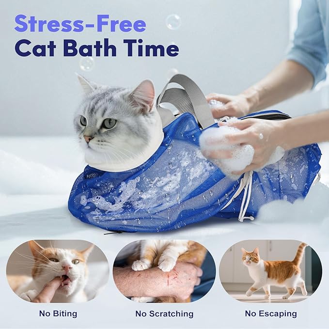 Cat Bathing Bag Anti Scratch Bite Breathable Mesh - Adjustable Cat Grooming Bag for Nail Trimming, Injections, Medication, Dental Care, Vet Visits, Cats Shower Bag with Zippers,Blue