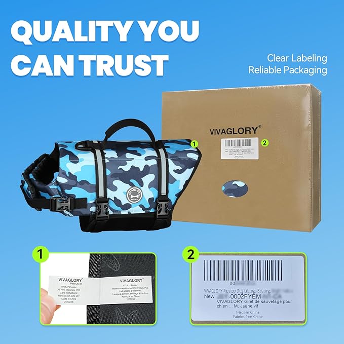 VIVAGLORY Rip Stop Dog Life Vest, Swimming Vest with Handle, Buoyancy for Doggy Puppy, Dog Life Jacket for Swimming & Boating, L, Camo Blue