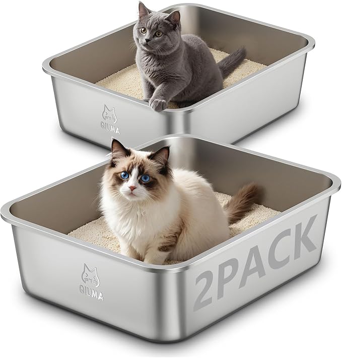2 Packs Stainless Steel Cat Litter Box, 17.6" L×13.6" W×6" H, Metal Kitty Litter Box with High Sided for Small Cats, Non-Stick, Easy to Clean, Odor-Free