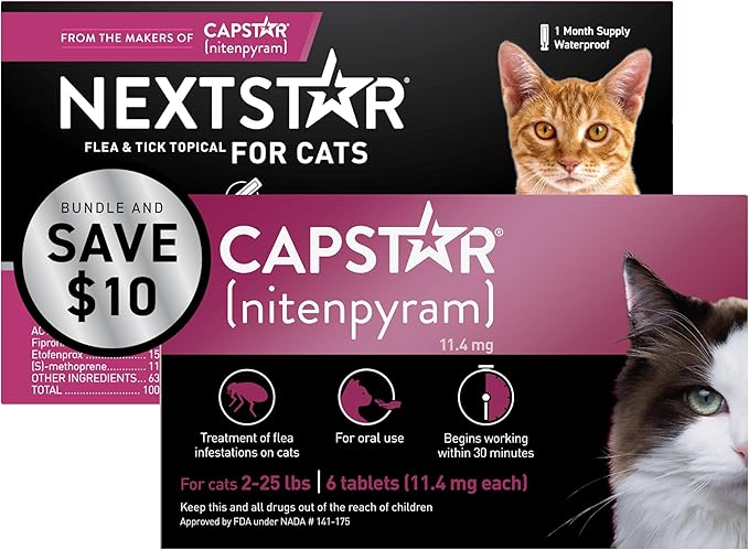 CAPSTAR Flea Treatment for Cats 2-25 lbs (6 Doses) + NEXTSTAR Flea and Tick Prevention for Cats Over 3.5 lbs (1 Dose) Bundle