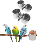 POPETPOP 2 Pcs Bird Parrot Feeding Double Cups with Clip - Stainless Steel Bird Bowls for Cage, Food Feeder Cups Hanging Bowl for Cage Stand Accessories