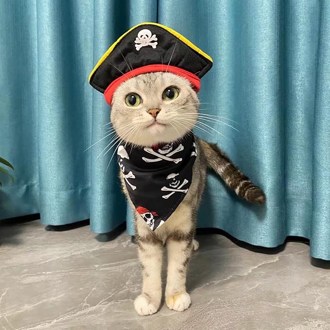 Cat Pirate Costume - Pet Hat, Skull Triangle Bandana, Halloween for Dogs Cats With Captain Headwear and Party Necklace