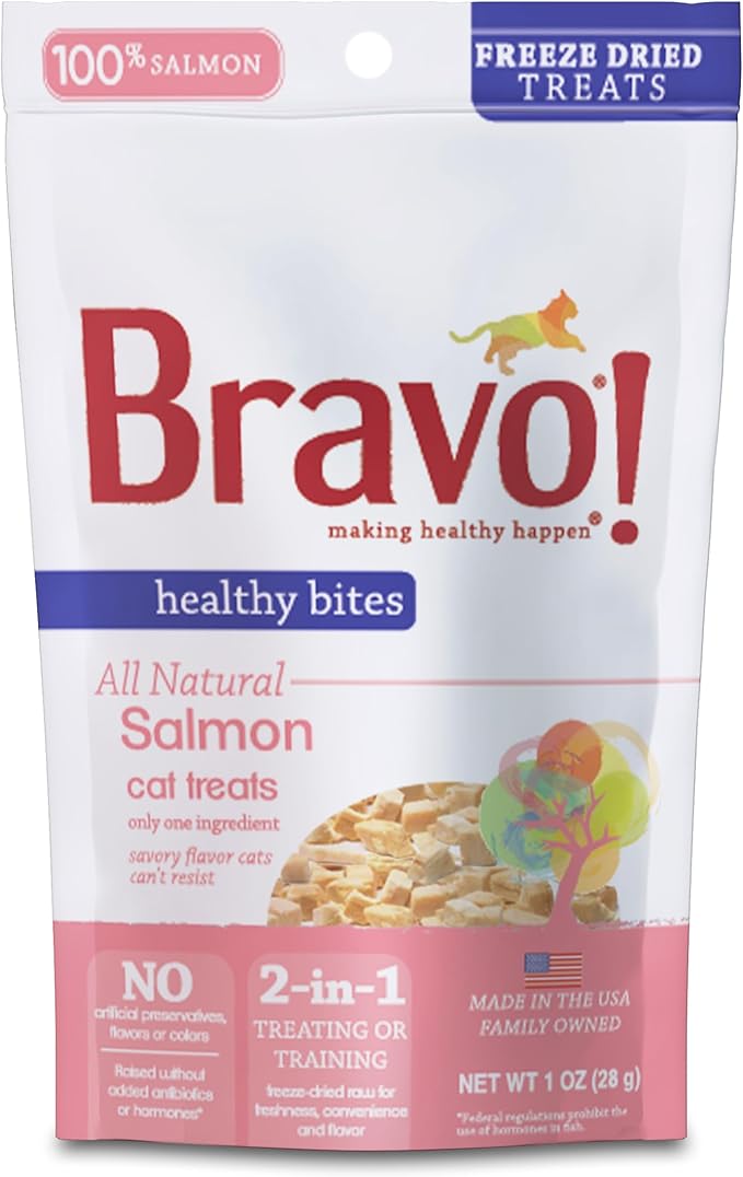 Bravo! Healthy Bites Single Ingredient Freeze Dried Raw Cat Treats, Salmon, 1 Ounce, High Protein, Grain Free, Gluten Free