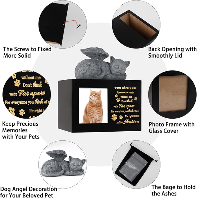 Pet Urns for Ashes, Black Wooden Cat Urns for Ashes with Cat Angel, Cat Memorial Keepsake Memory Box with Photo Frame, Loss Pet Sympathy Remembrance Gift (Medium - Memory)