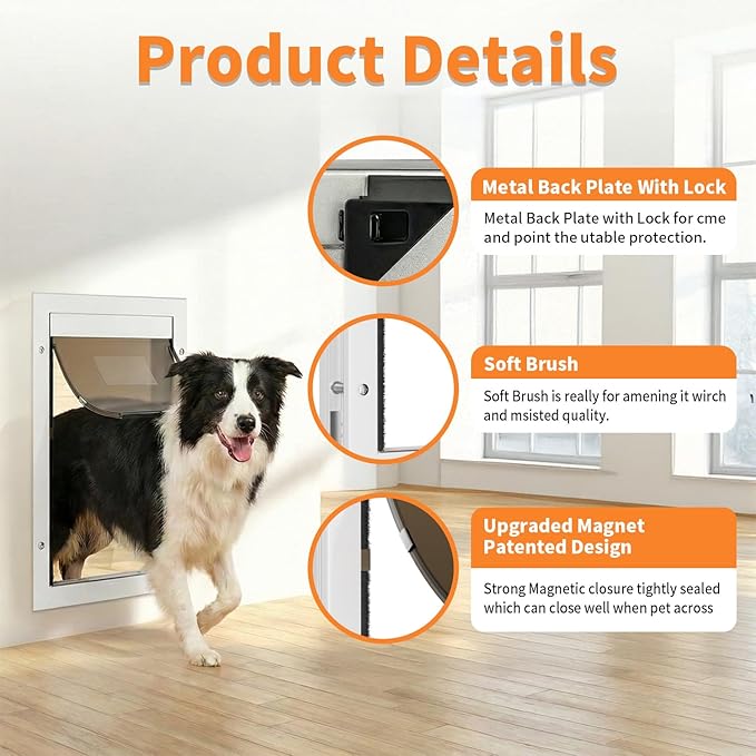 Dog Door for Large Dogs, X-Large Aluminum Frame Pet Door with 2-Way Lock, Easy Install on Interior Door/Screen/Wall, Weatherproof Magnetic Flap (X-Large, White)