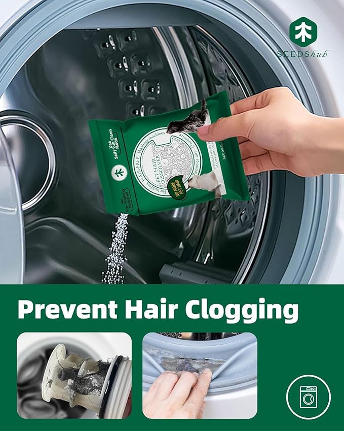 Pet Hair Dissolver for Washing Machine - Dog & Cat Hair Remover, 96.7% Hair Dissolution, Stain/Hair Remover for Laundry, 2 Sachets, HE/Top/Front-Load Compatible, Removes Residue & Odors, Septic Safe