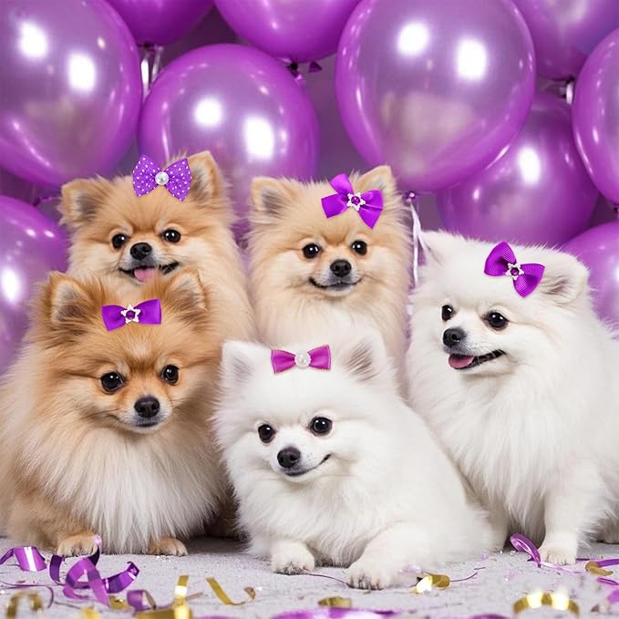20 PCS Cute Dog Hair Bows with Rubber Bands Elastic Handmade Mix Style Lace Rhinestone Pearls for Furry Puppy Cat Pet Girl, Dark Purple