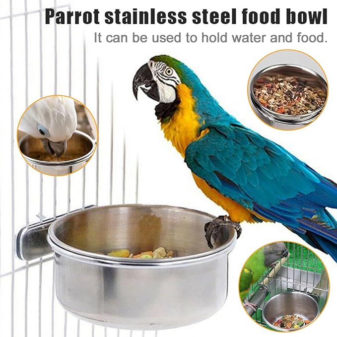 PINVNBY 6 Pieces Stainless Steel Bird Feeding Dish Cups,Parrot Feeder Parakeet Food Water Bowls with Clamp Holder & 6 Pcs Bird Spoon & 6 Pcs Birds Ball Toys for Budgies Macaw Small Animal(M)