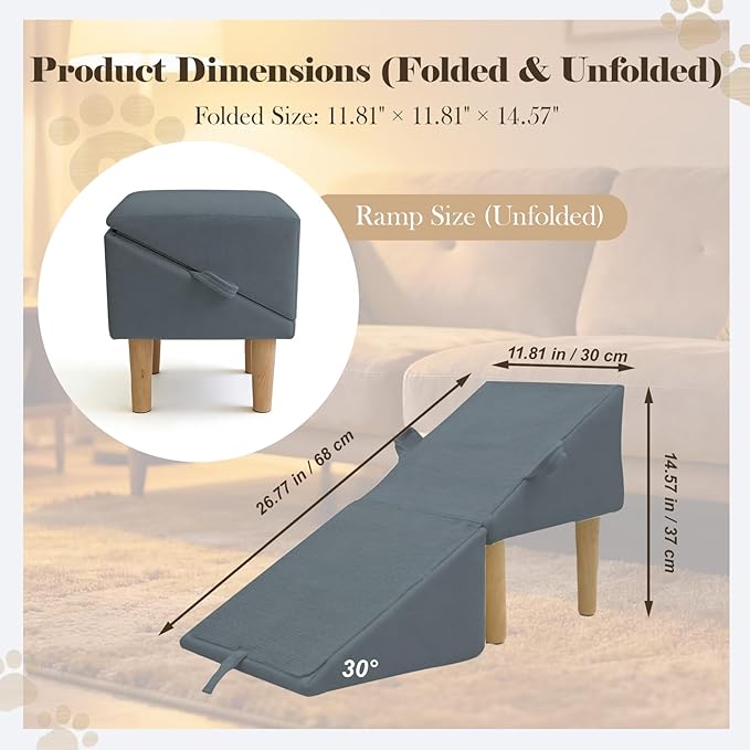 Split Ottoman Dog Ramp for Couch and Low Bed, 2-in-1 Foldable Dog Stairs for Small Dogs and Cats, Wooden Pet Ramp with Non-Slip Surface, Portable Step Stool Design, Gray